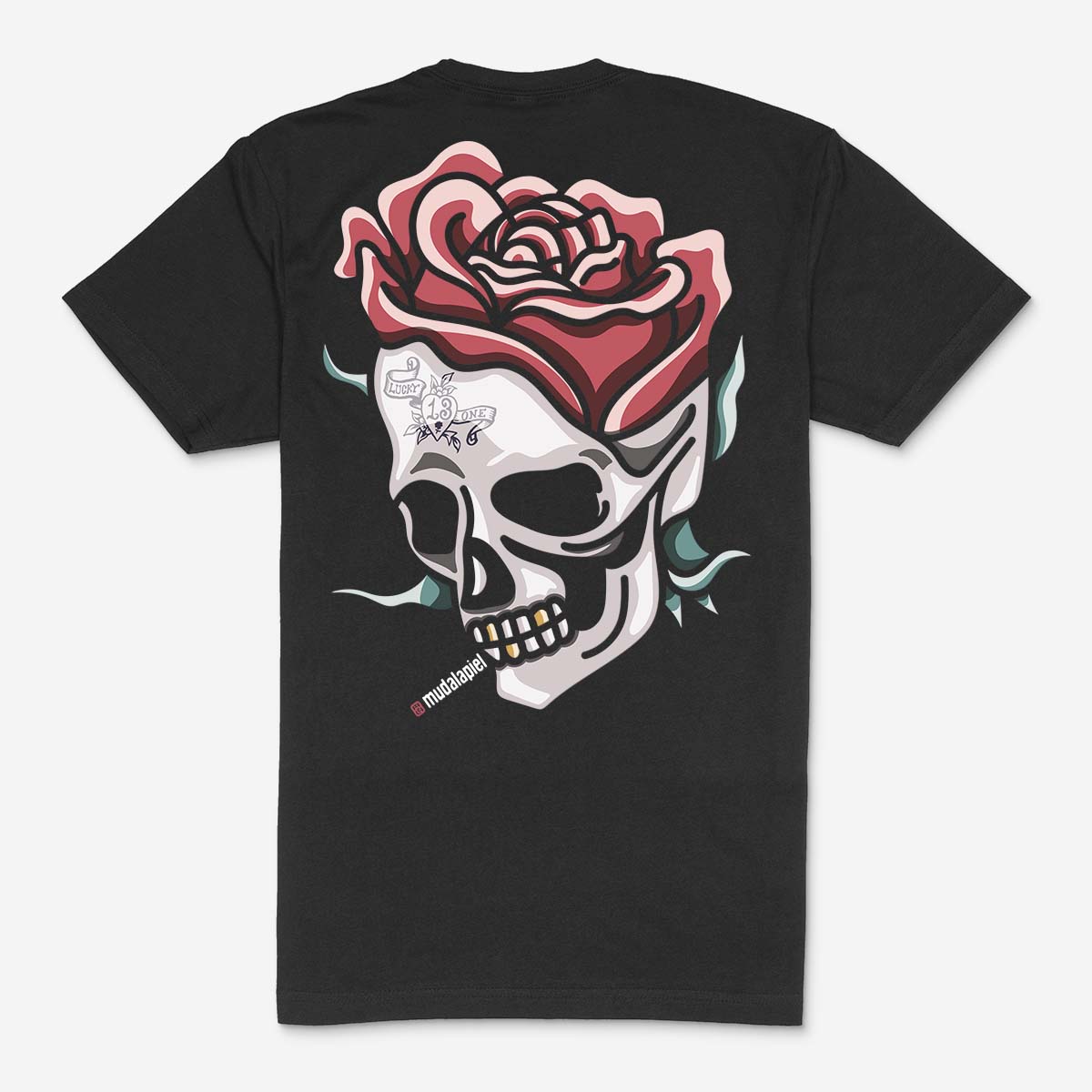 Camiseta Negra CALAVERA Y ROSA Tattoo Unisex Espalda